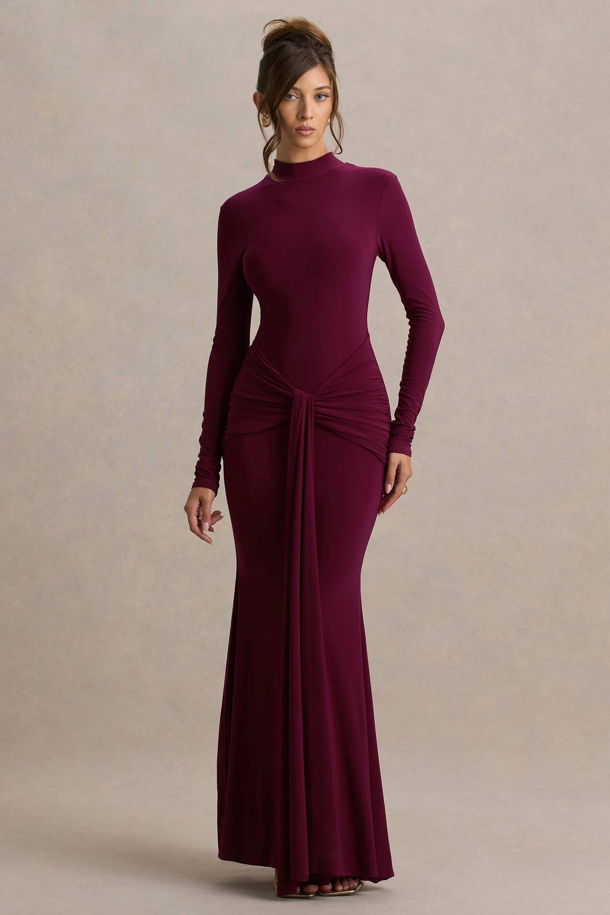 Pietra Berry High Neck Long Sleeve Knot Maxi Dress