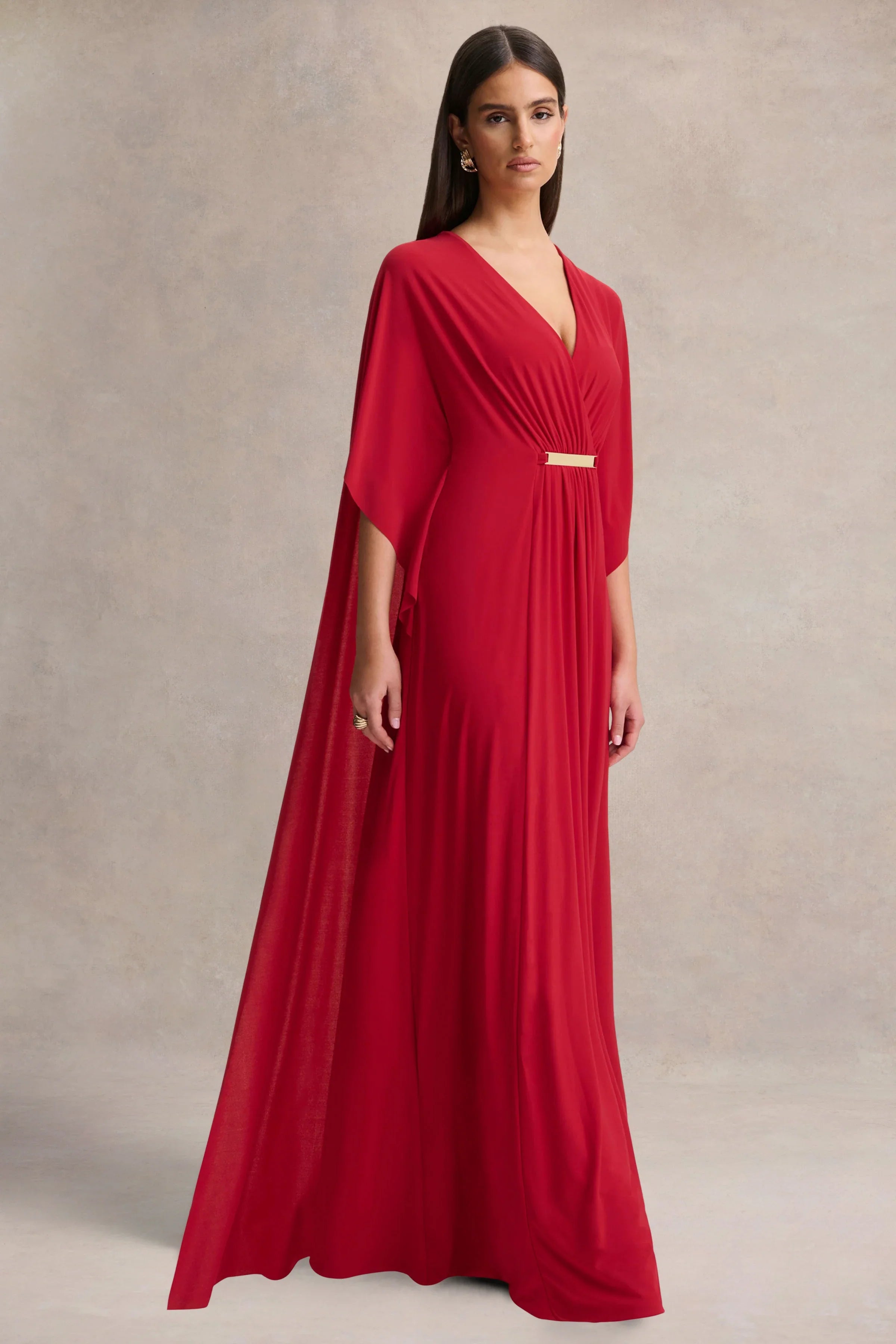 Romilly Red Plunge Neck Maxi Dress With Gathered Detail