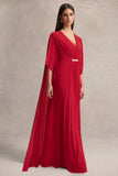 Romilly Red Plunge Neck Maxi Dress With Gathered Detail