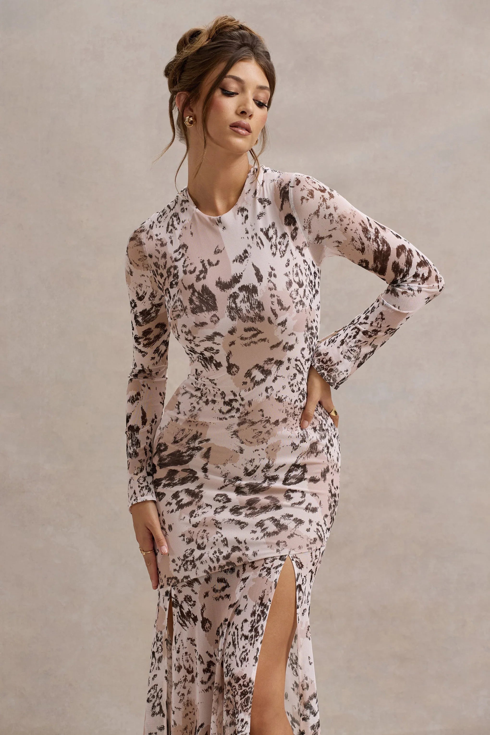 Tigerlily Leopard Print Mesh Long Sleeve Open Back Maxi Dress