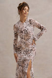 Tigerlily Leopard Print Mesh Long Sleeve Open Back Maxi Dress