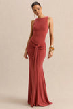 Cherine Rust Round Neck Maxi Dress With Gathered Detailing And Sash
