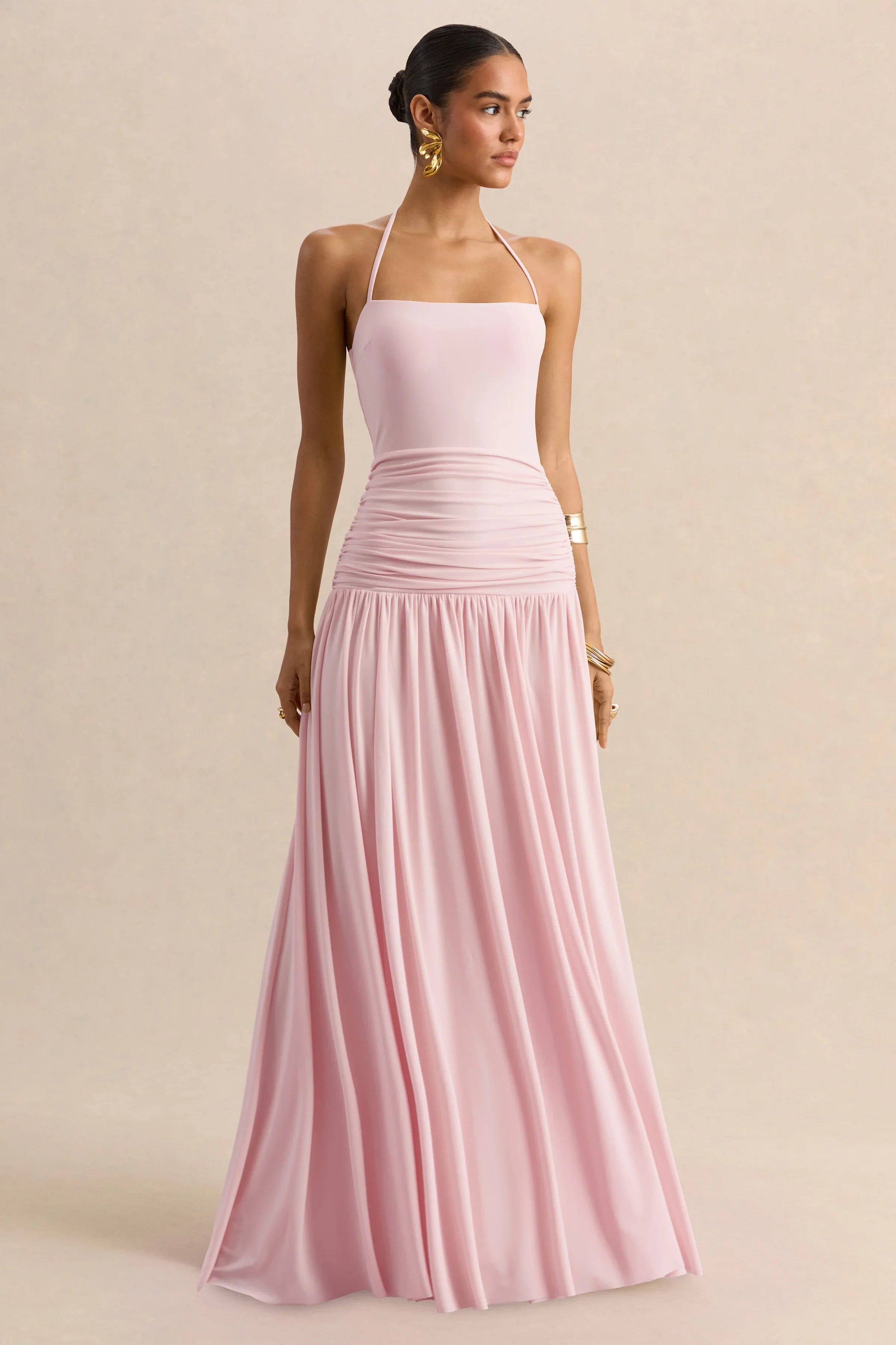 Nicolette Pink Square Neck Maxi Dress With Ruched Detailing