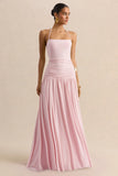 Nicolette Pink Square Neck Maxi Dress With Ruched Detailing