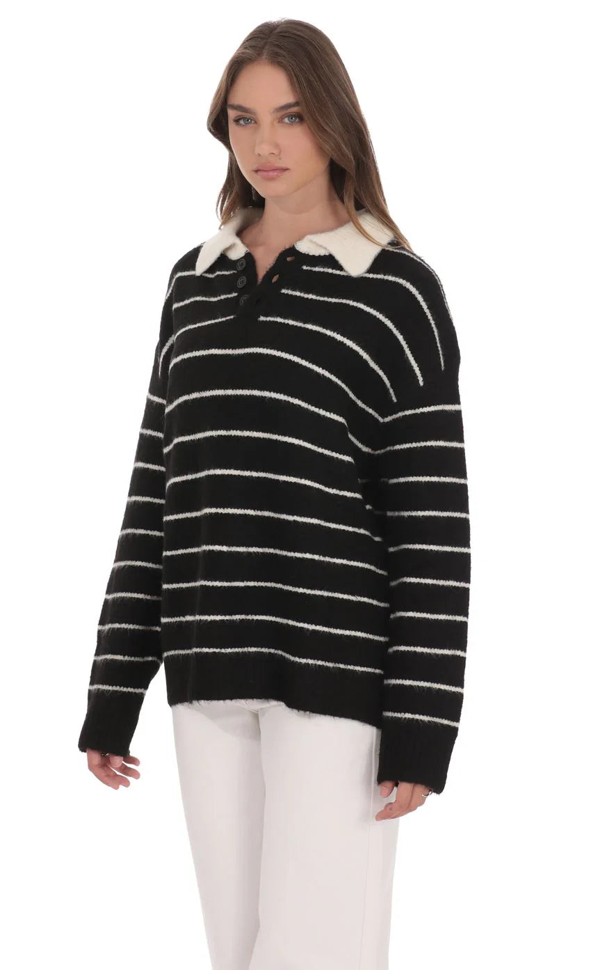 Striped Knit Rugby Jumper in Black