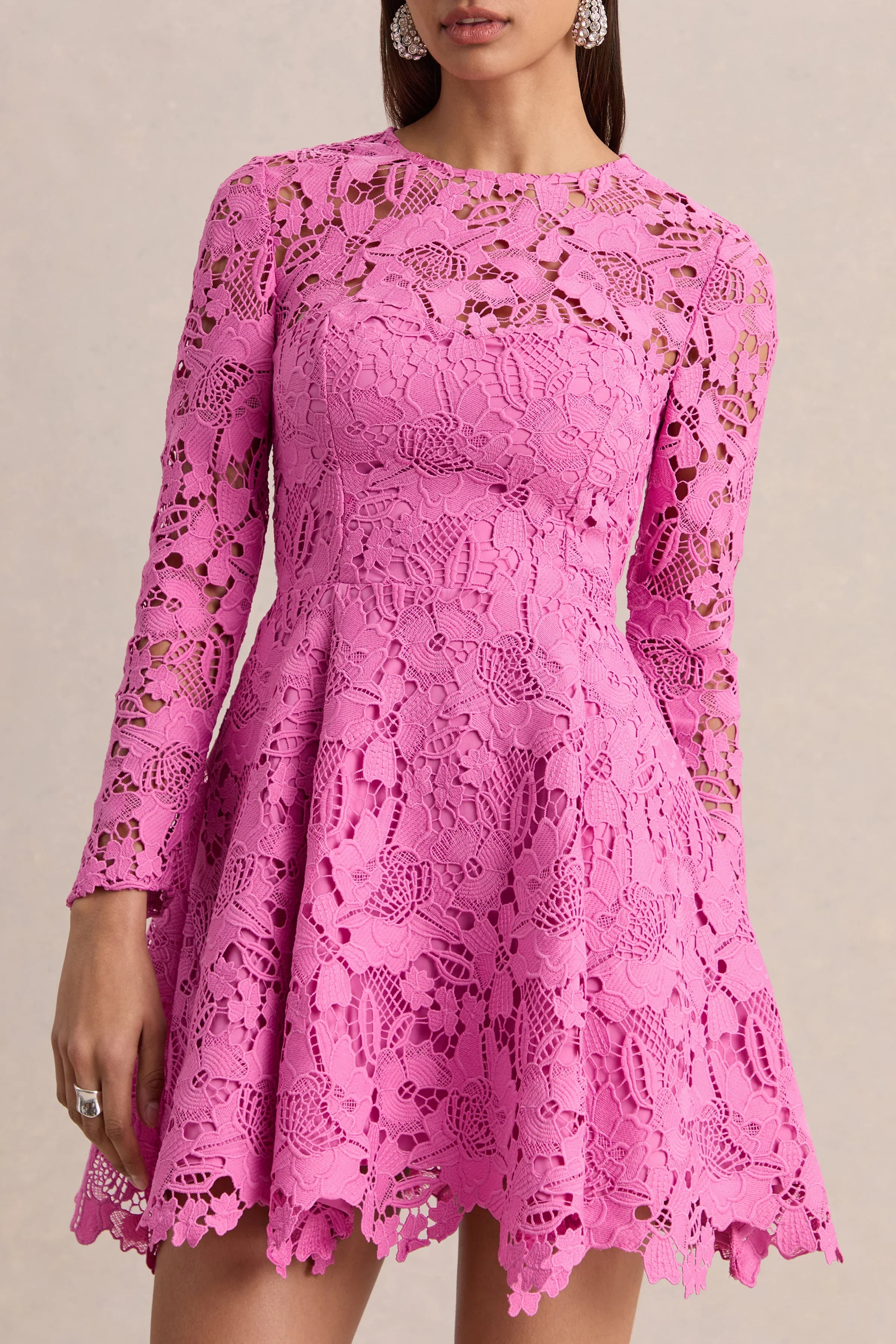 Morina Pink Lace Crew Neck Mini Dress