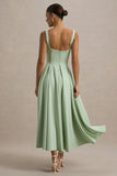 Parina Light Green Strappy Volume Hem Midi Dress