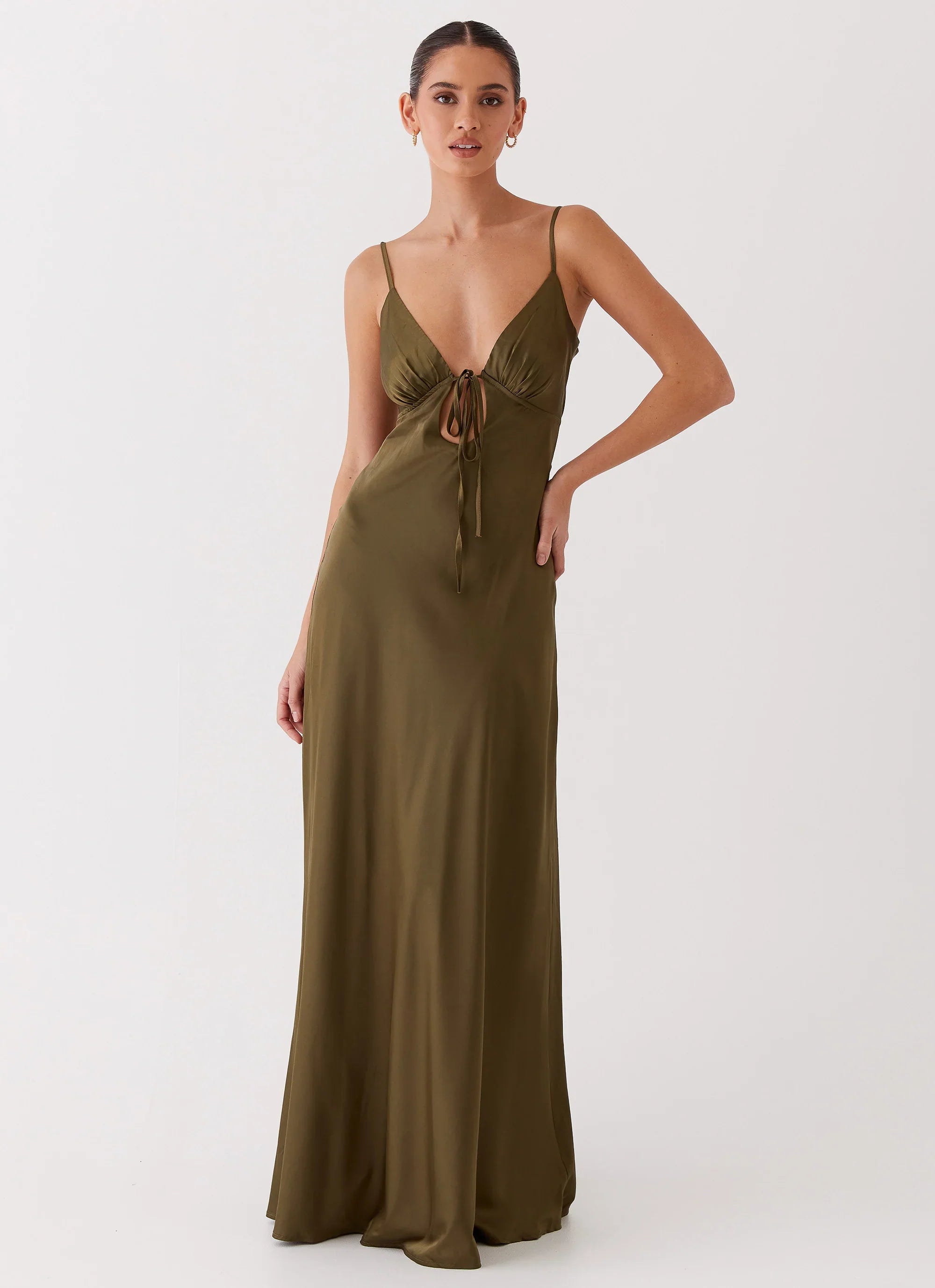 Flora Satin Maxi Dress Khaki