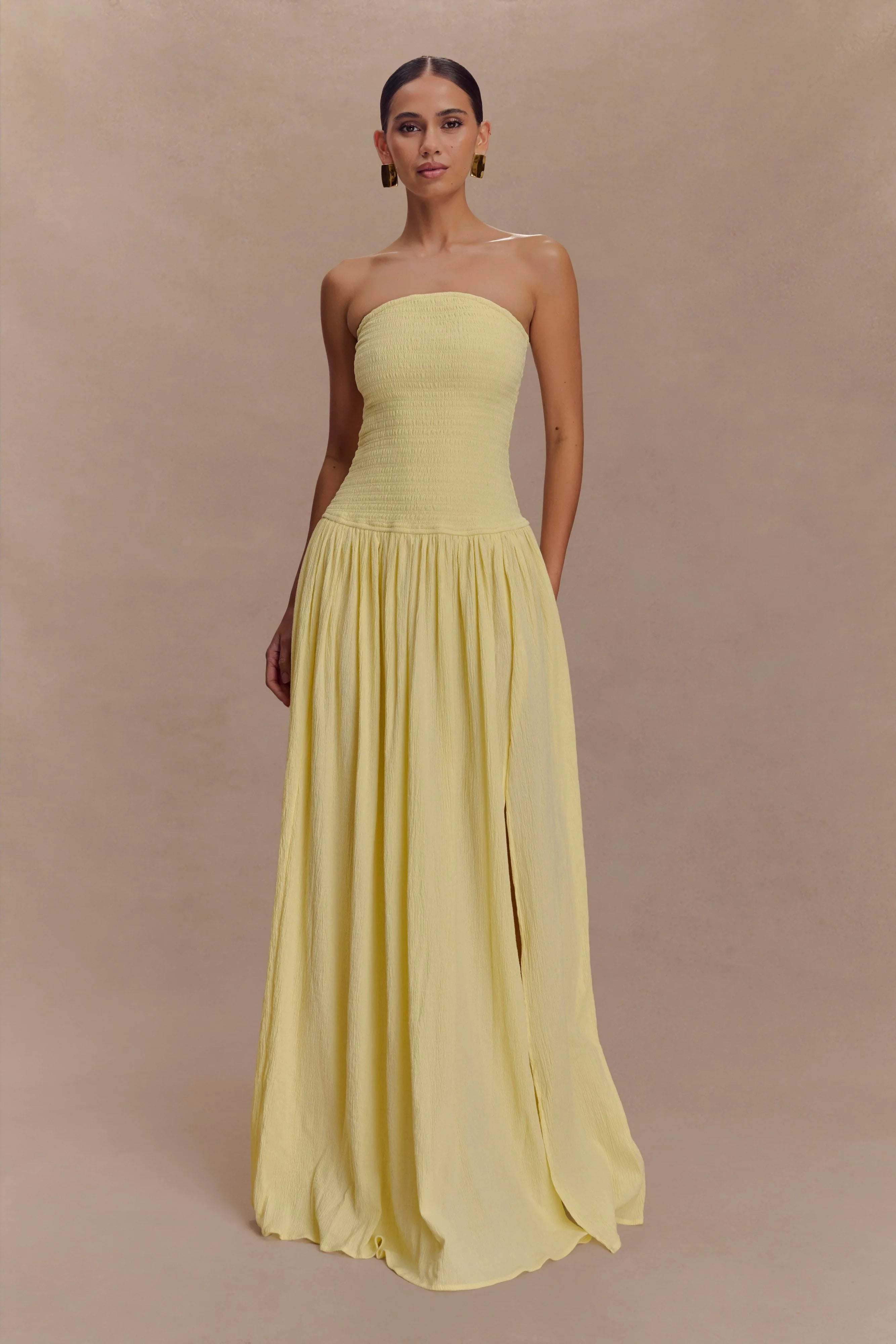 Maureen Cotton Shirring Maxi Dress Lemon