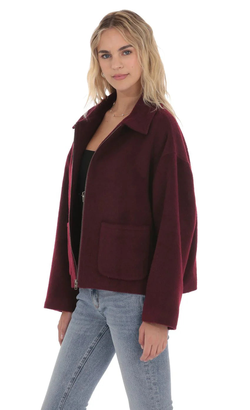 Fuzzy Zip Up Jacket in Burgundy