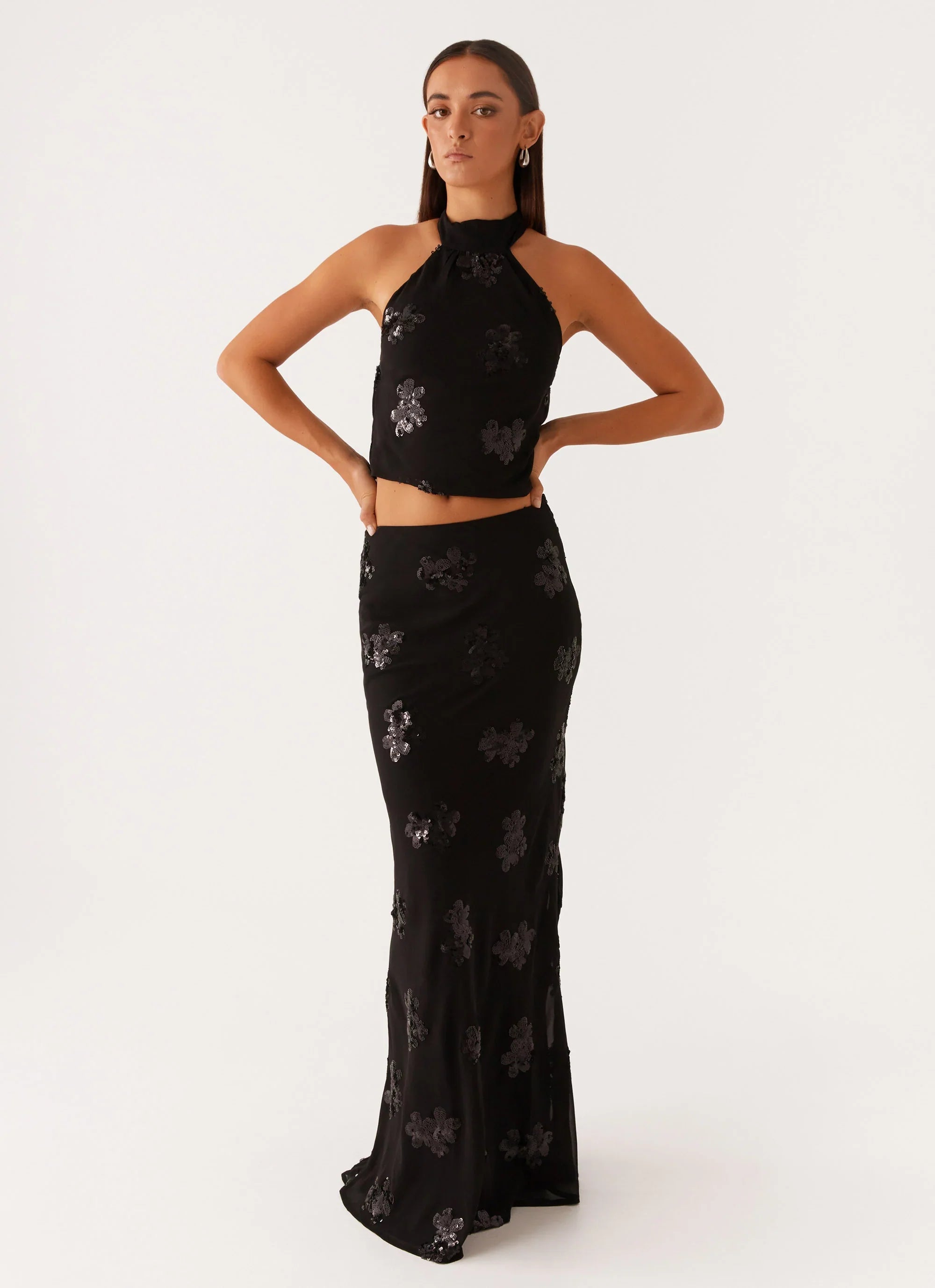 Only Girl Sequin Maxi Skirt Black