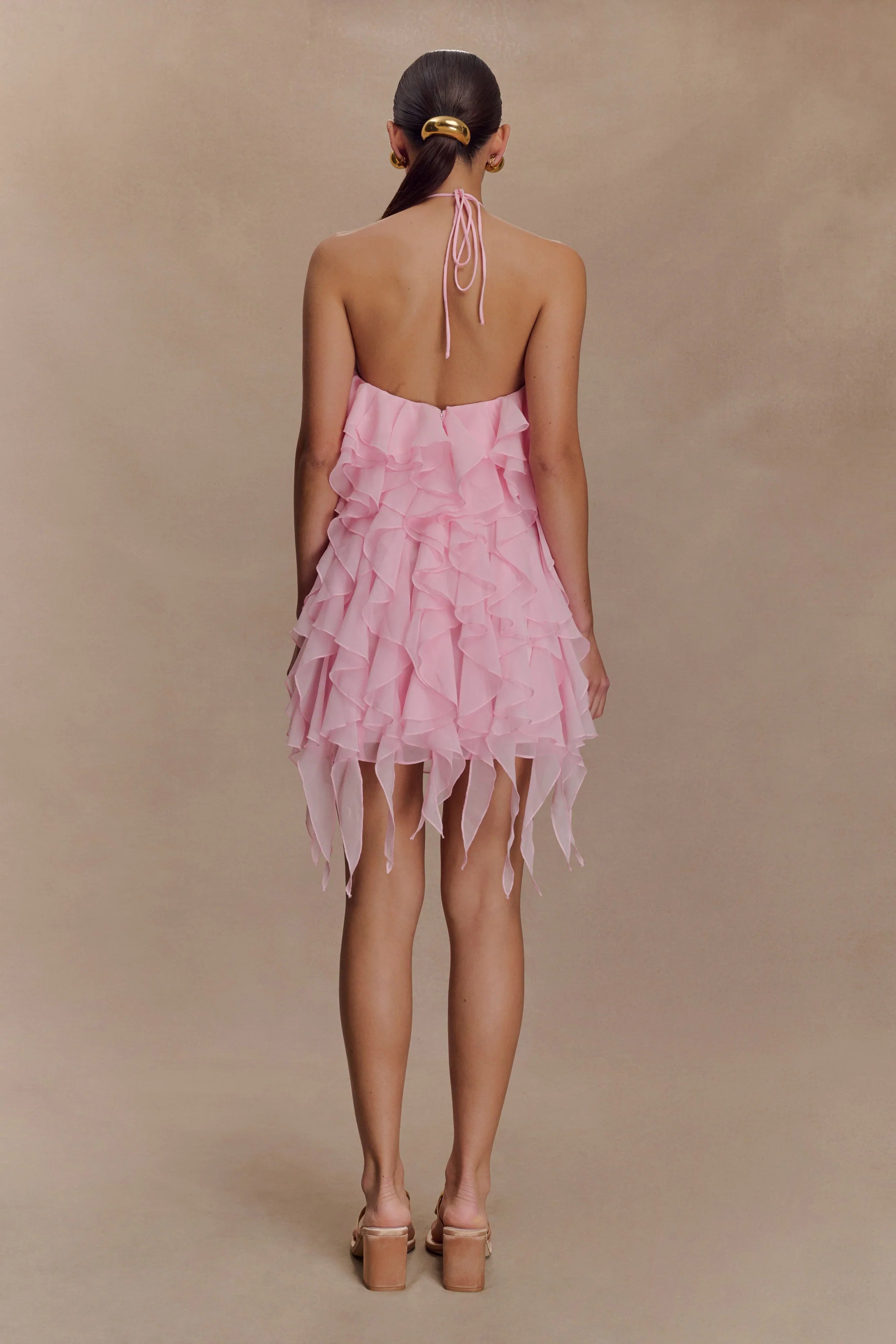 Marigold Ruffle Halter Mini Dress Powder Pink