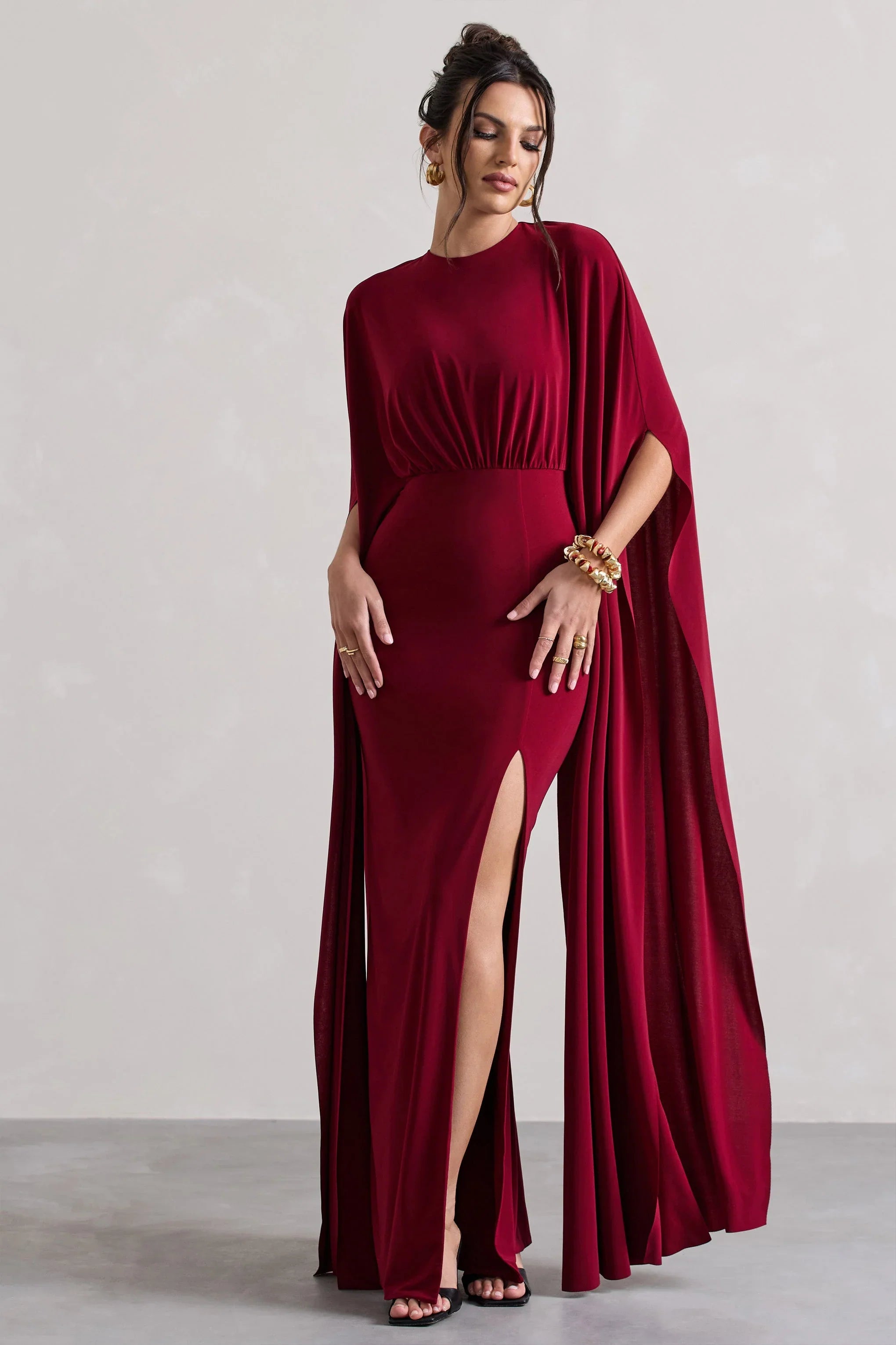 Ilaria Berry Cape Sleeve Split Maxi Dress