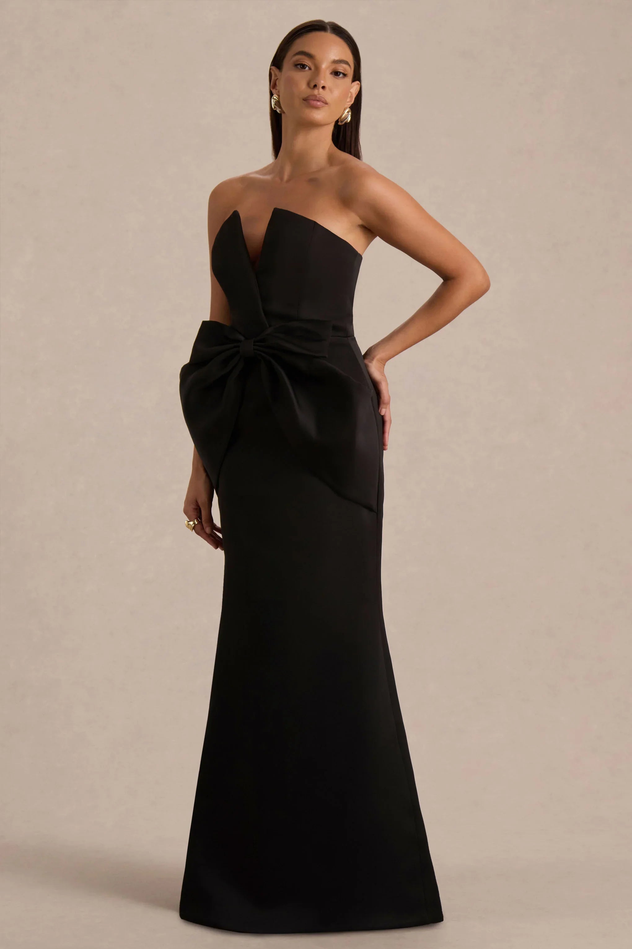 Sonata Black Satin Bandeau Maxi Dress With Bow Detail