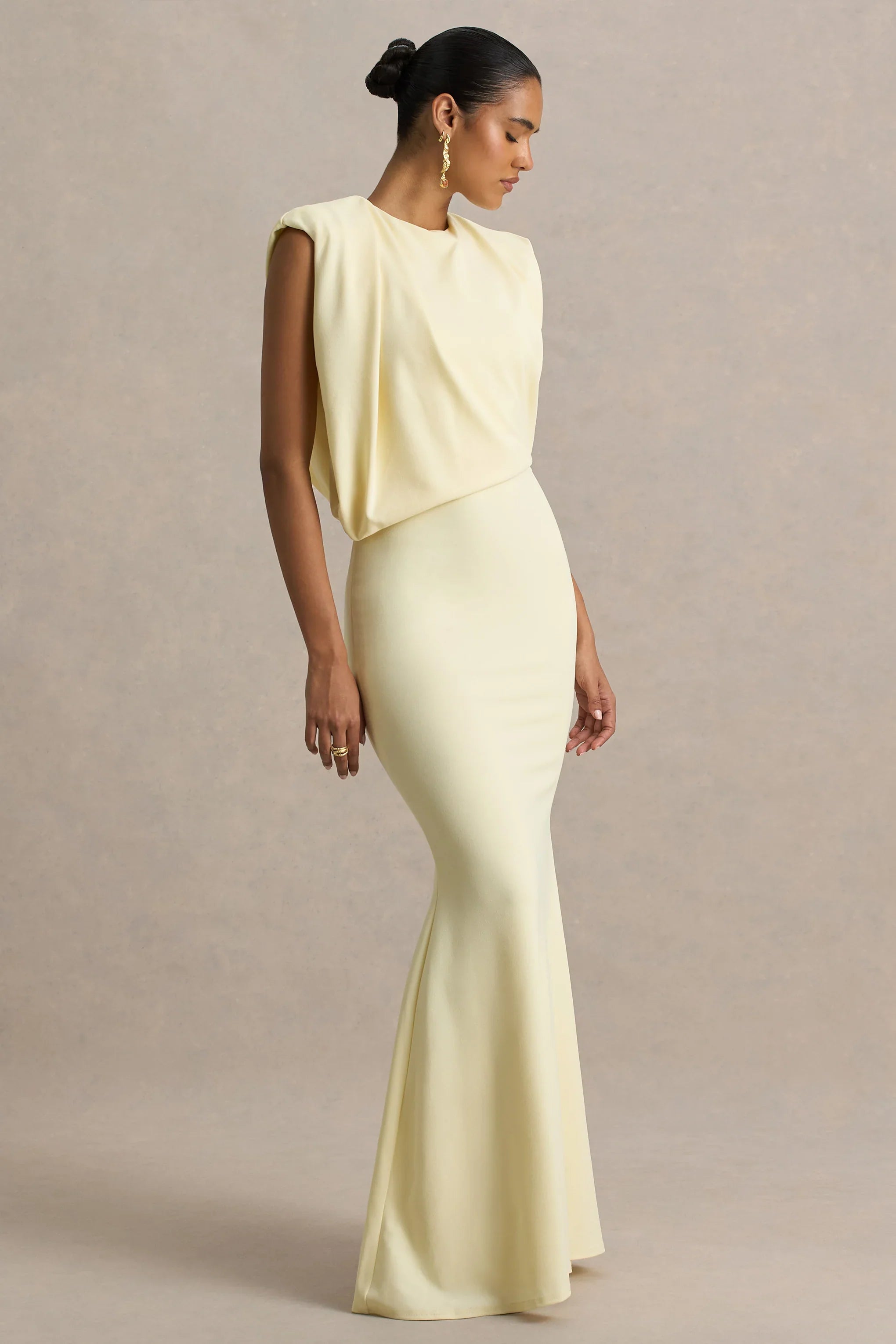 Meave Lemon Boat Neck Maxi Dress With Draped Detail