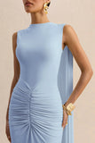 Premiere Powder Blue Boat Neck Maxi Dress With Cape Sleeves And Open Back
