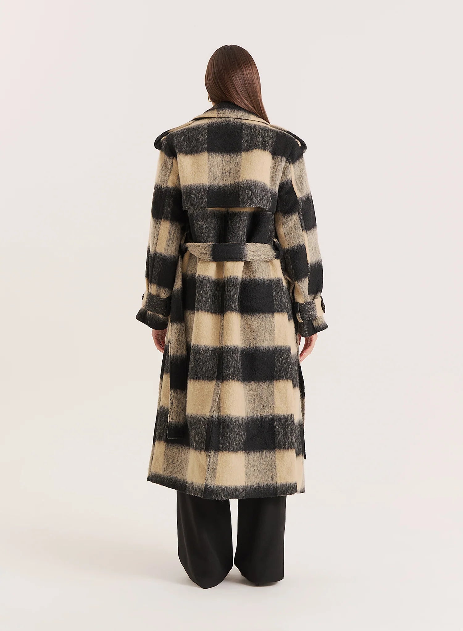 Black Beige Check Longline Belted Trench Coat