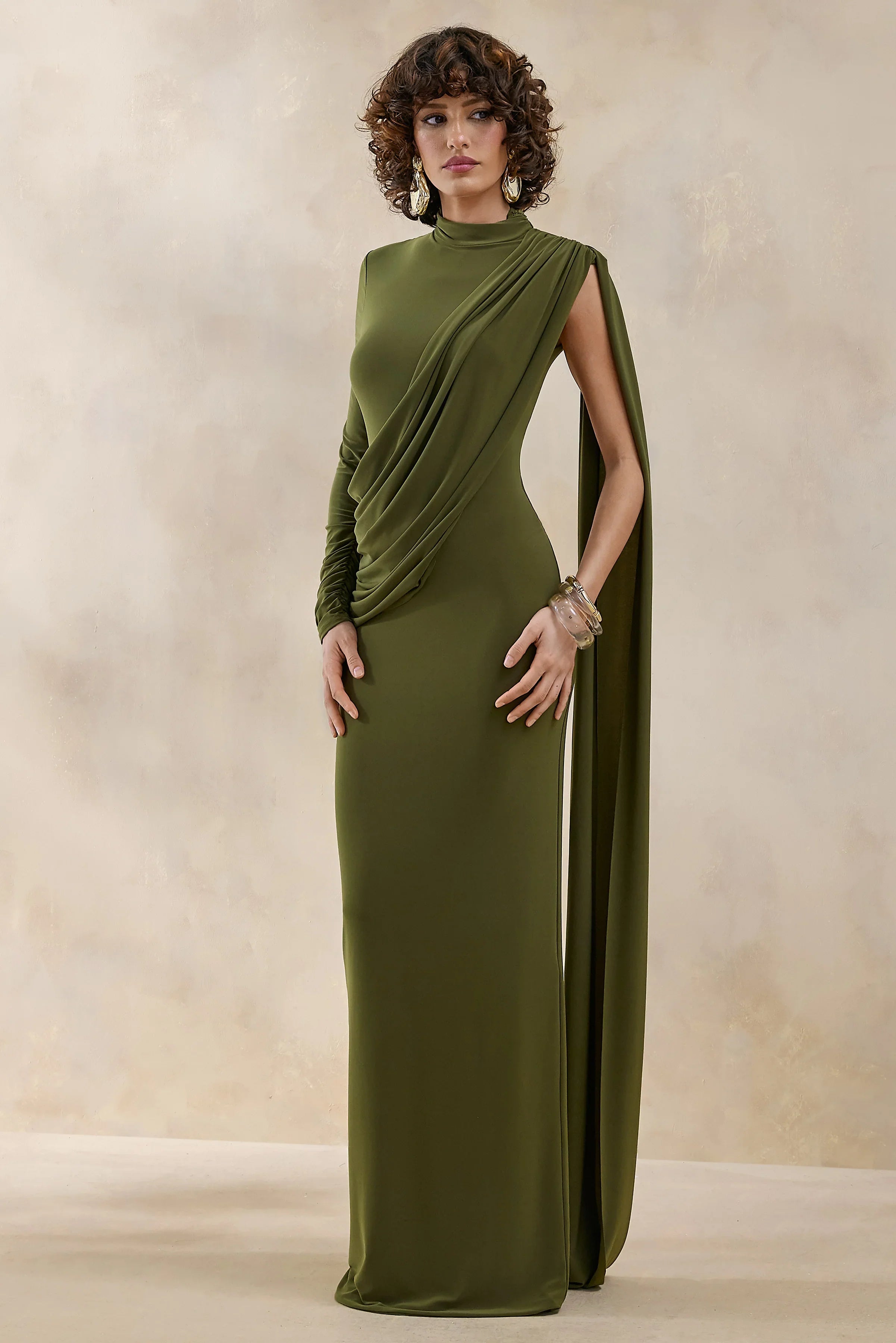 Oliria Olive High Neck Maxi Dress With One Long Sleeve And Sash Detail