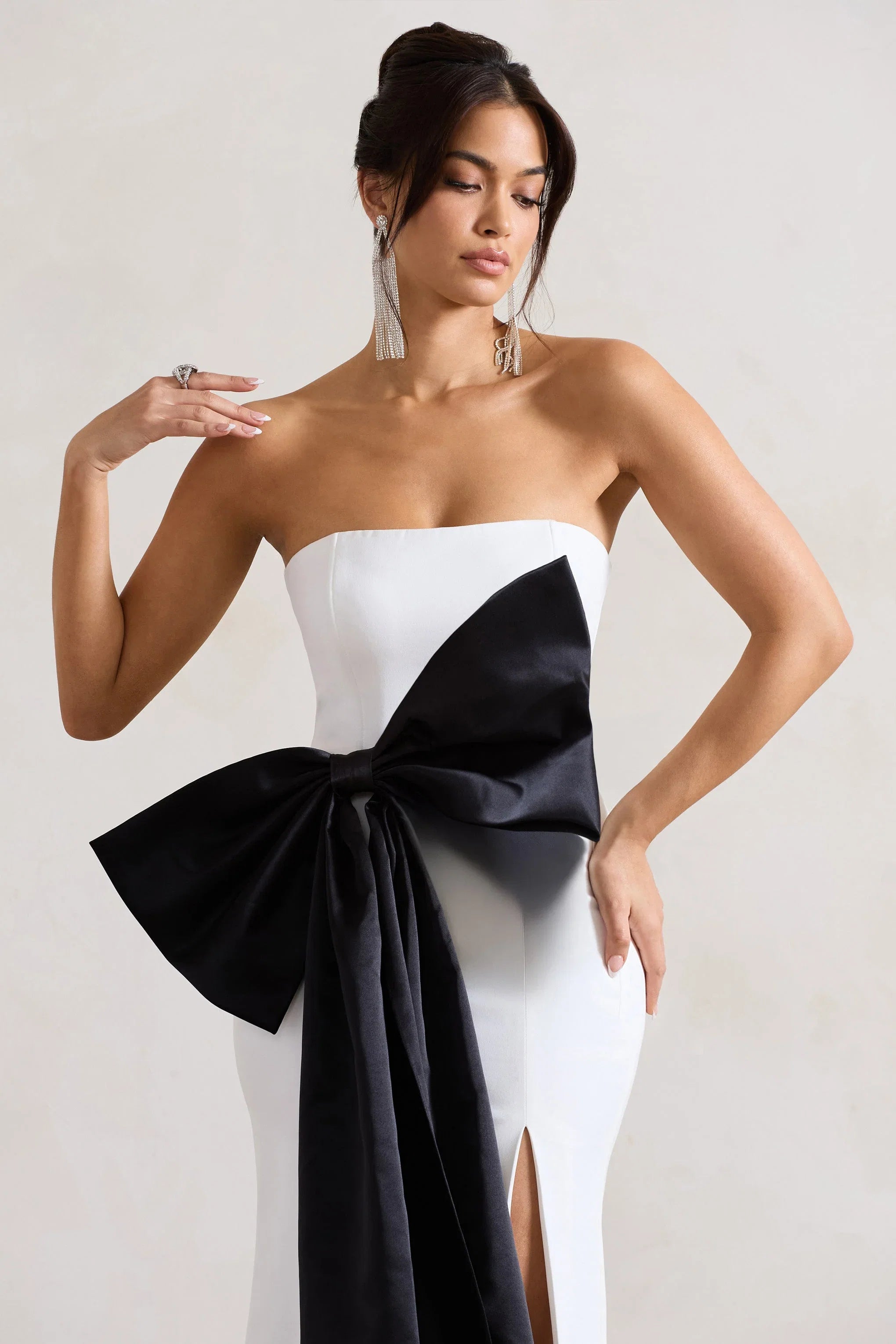 Sincerely White Bandeau Split Maxi Dress With Oversized Black Bow