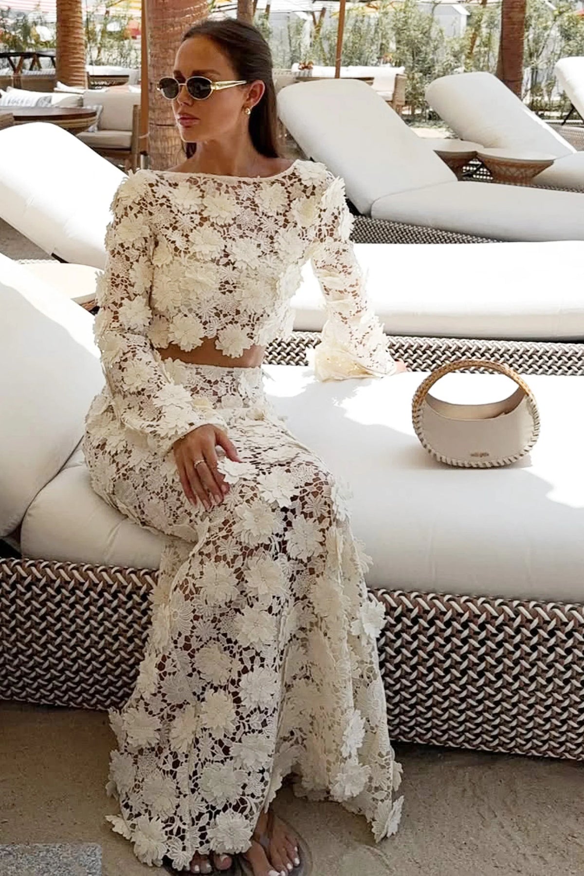 Ibiza Cream Lace Bell Sleeve Crop Top