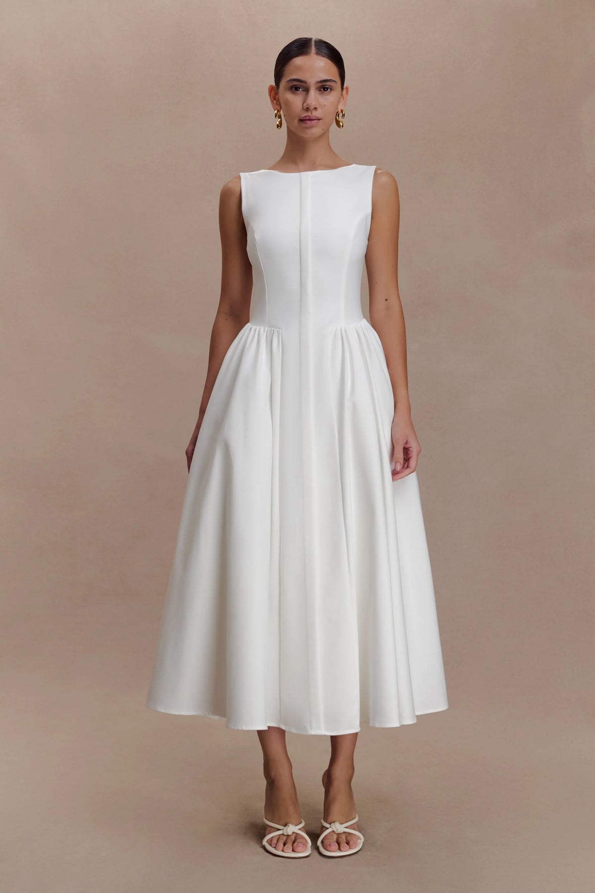 Monika Gathered Waist Cotton Midi Dress White