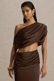Entrapment Brown Satin Boat Neck Crop Top With Ruched Detailing