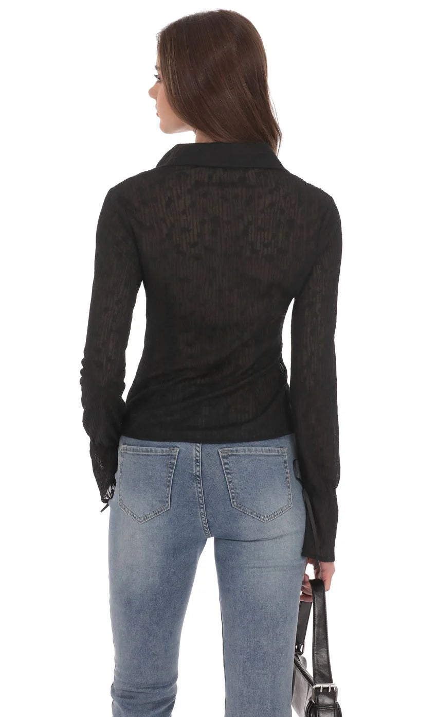 Sheer Mesh Button Up Top in Black