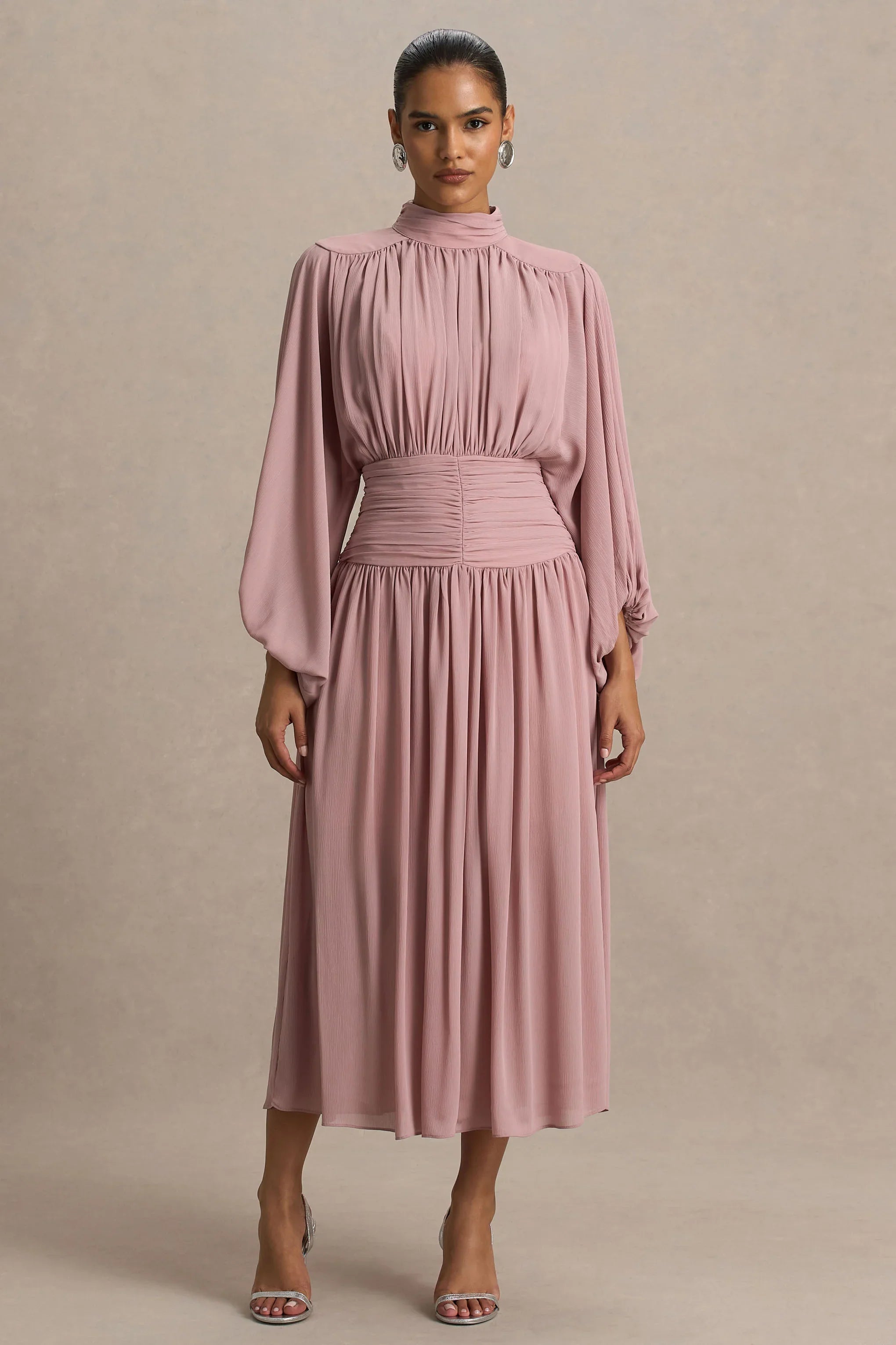 Annabel Dusty Pink High Neck Midi Dress With Drop Waist And Pleated Detailing