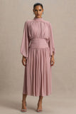 Annabel Dusty Pink High Neck Midi Dress With Drop Waist And Pleated Detailing