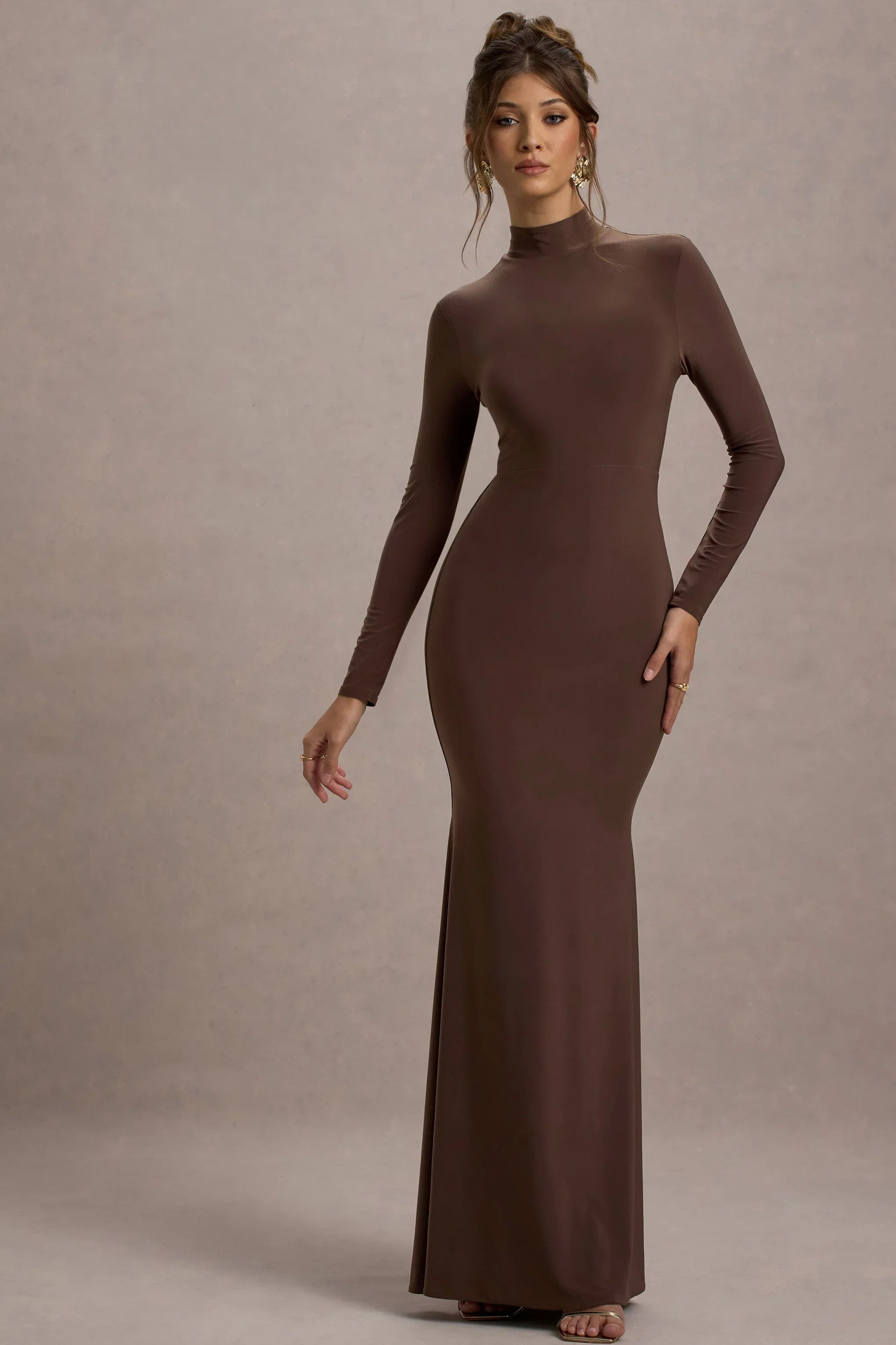 Tova Chocolate High Neck Long Sleeve Maxi Dress