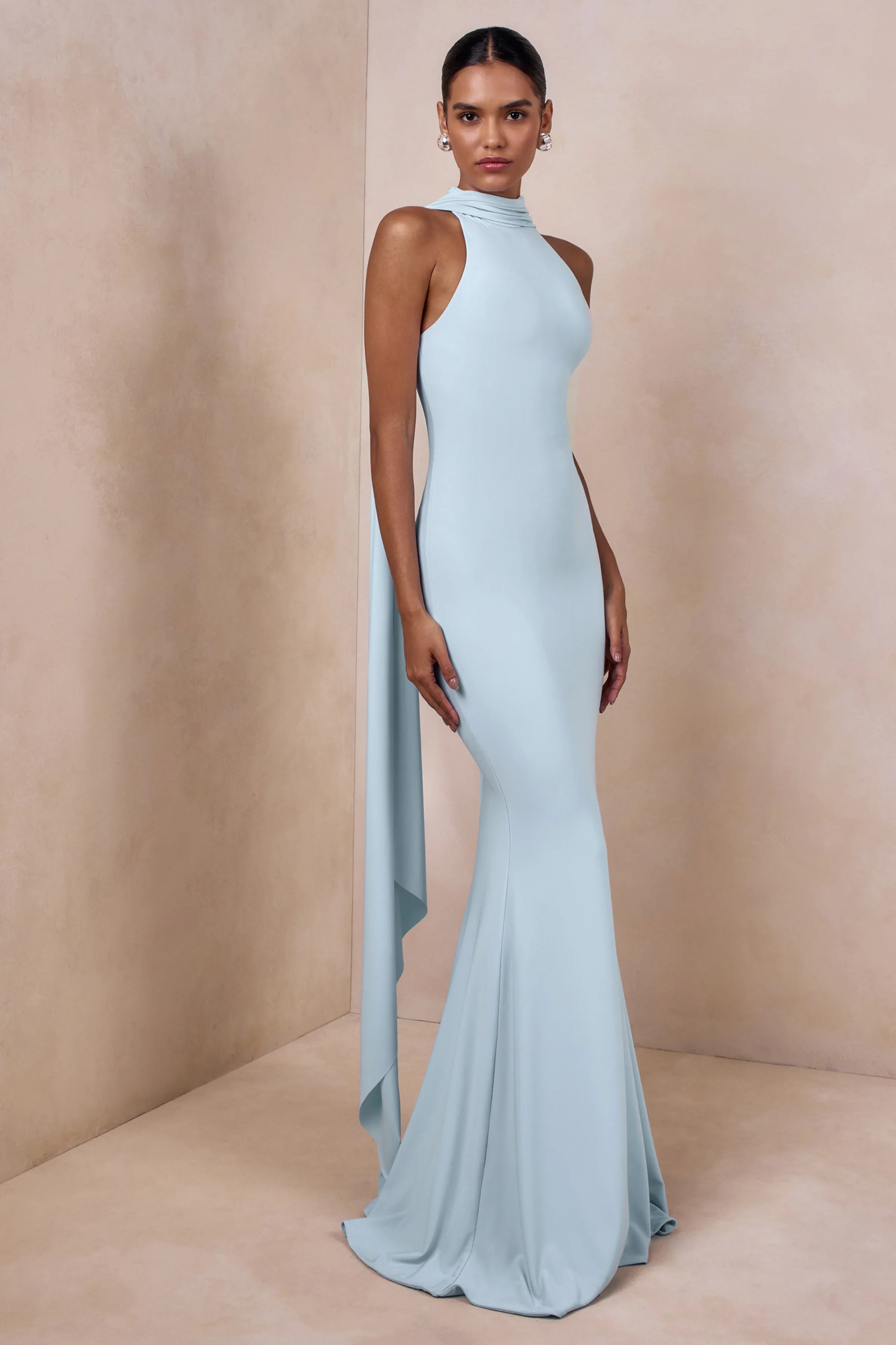 Cordy Powder Blue High Neck Maxi Dress With Cape