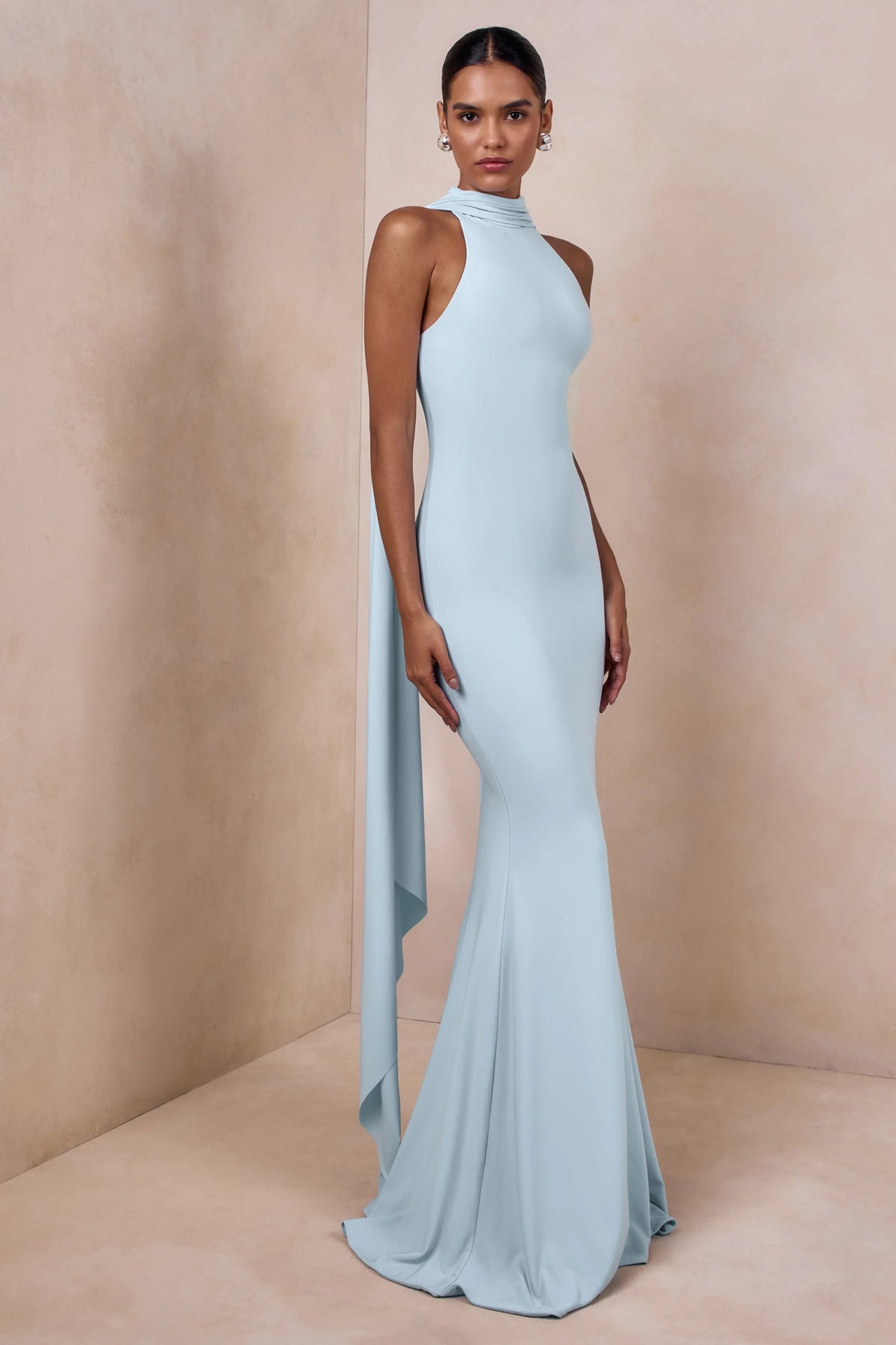 Cordy Powder Blue High Neck Maxi Dress With Cape