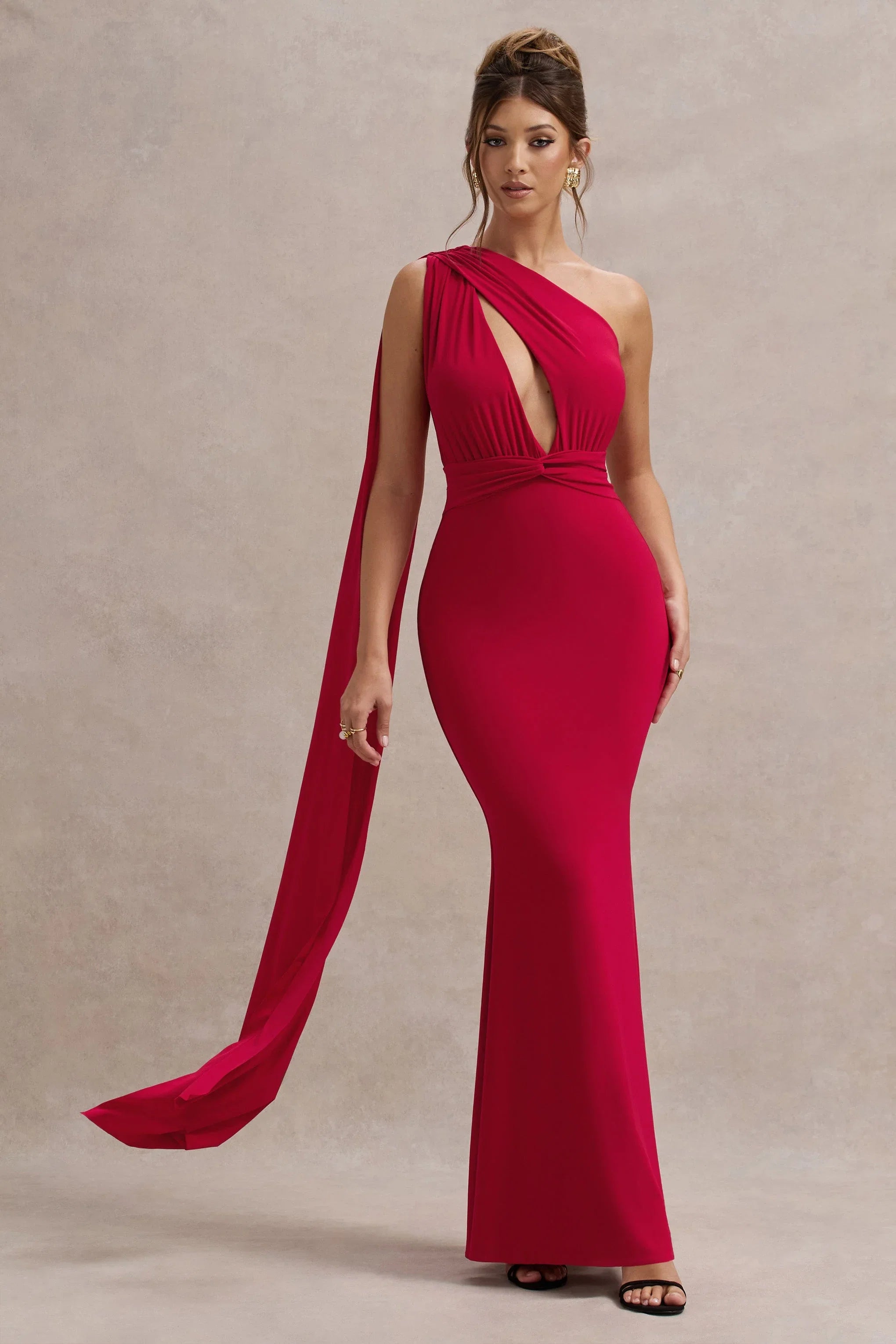 Elaina Red Asymmetric Knot Maxi Dress With Sash