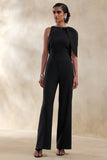 Quinley Black Asymmetric Neck Jumpsuit With Cape Sleeve