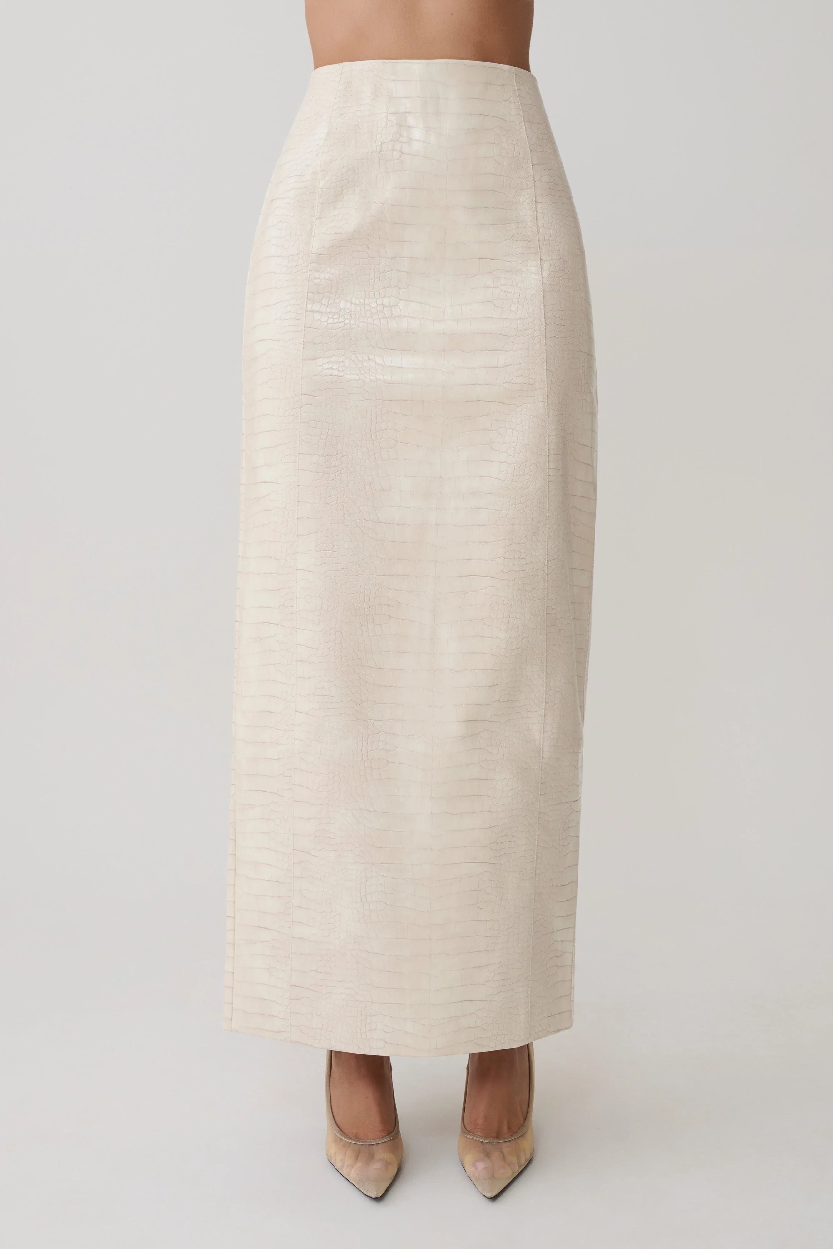Thalia Croc Faux Leather Midi Skirt Ivory