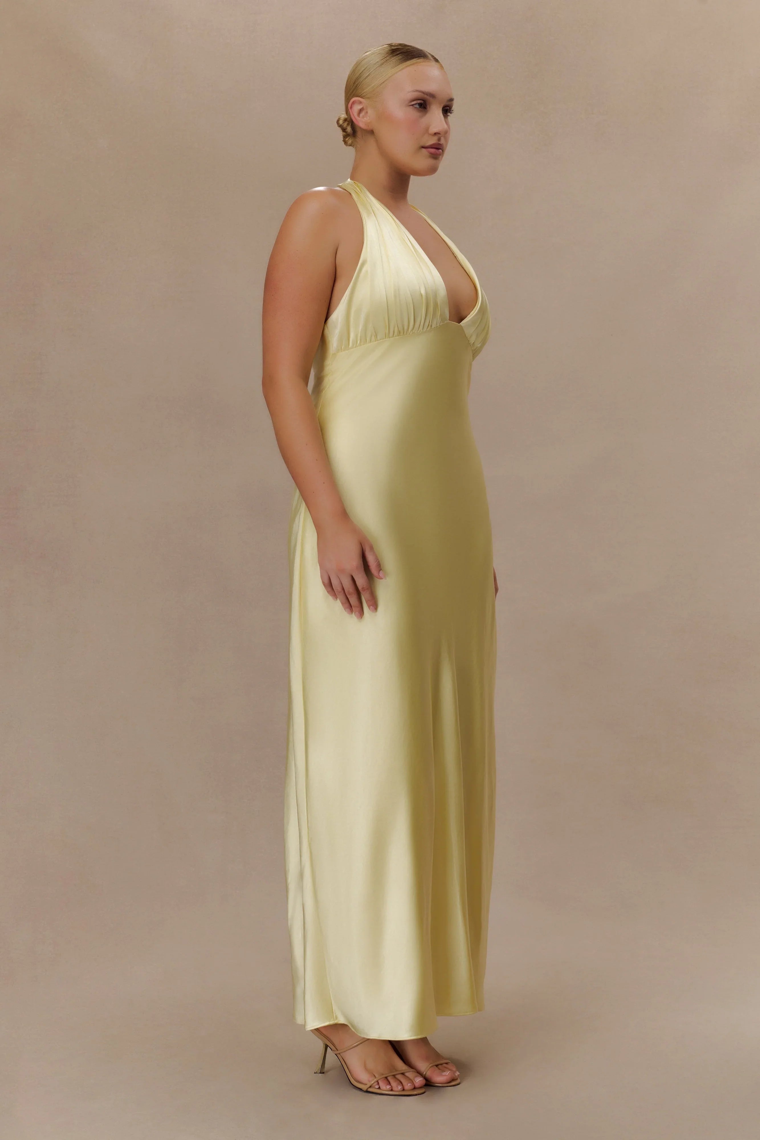 Alice Satin Halter Maxi Dress Lemon
