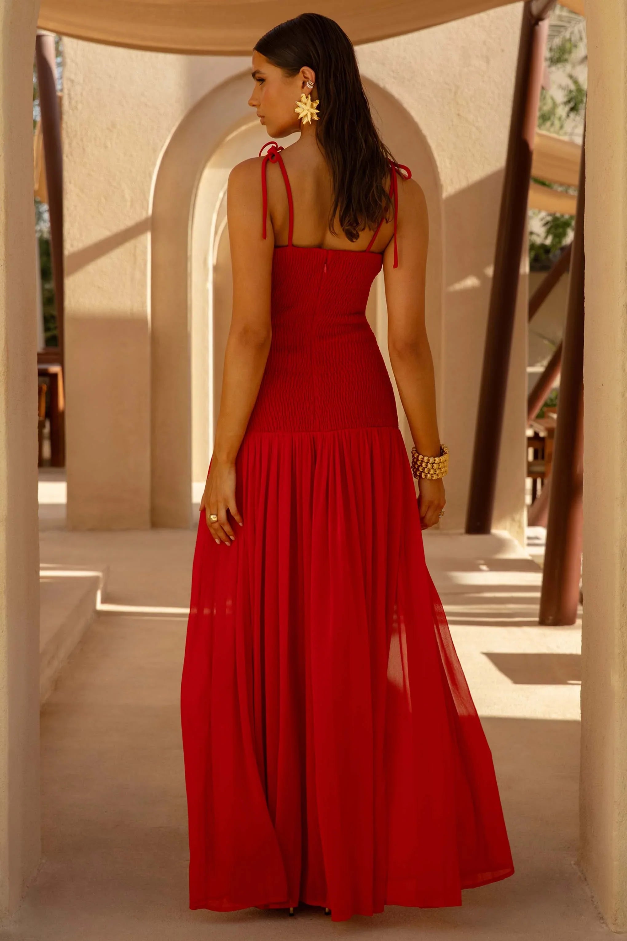 Maeva Red Square Neck Fishtail Maxi Dress With Ruched Detailing