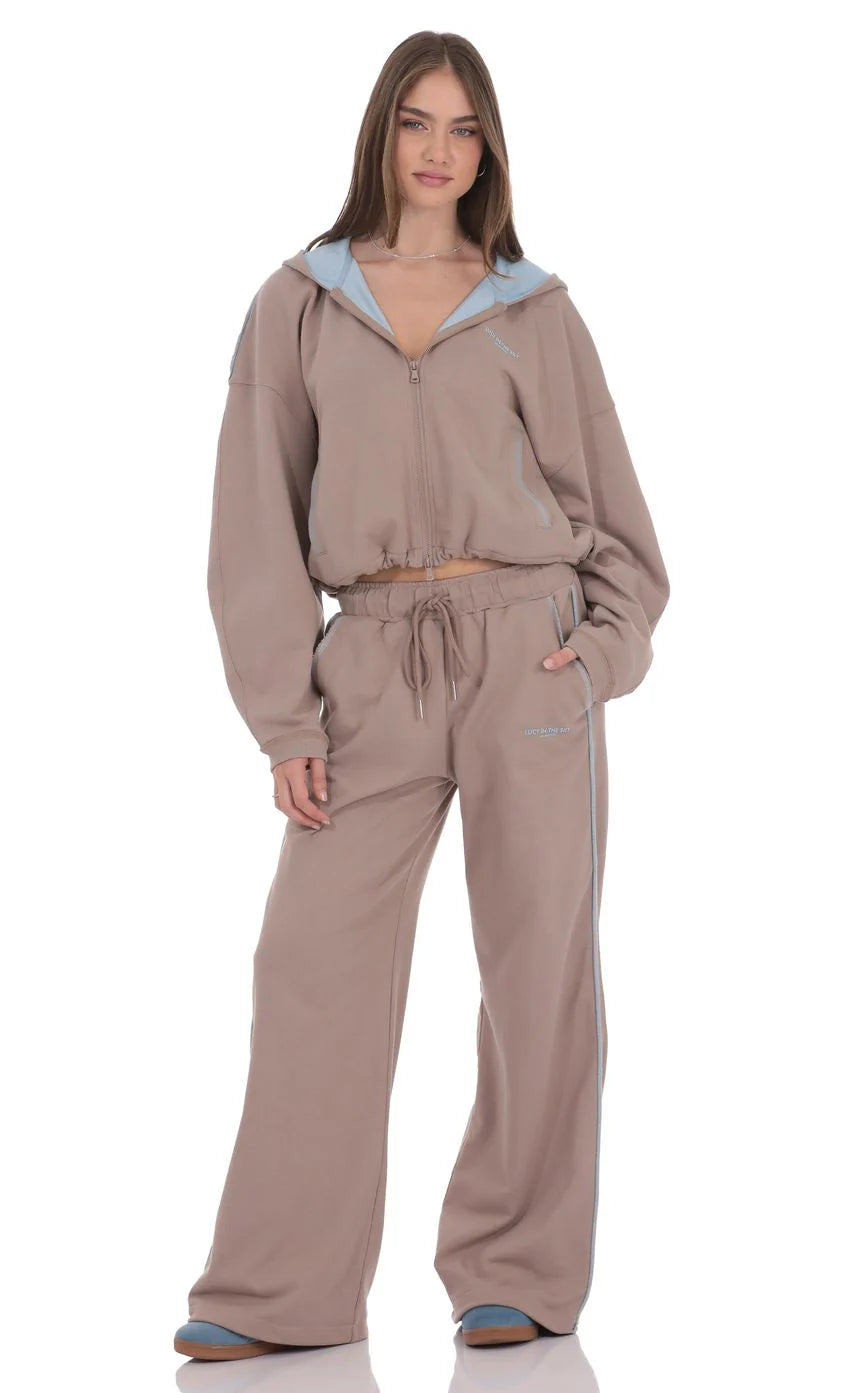 Two Toned Cinchable Sweatpants Pants in Taupe