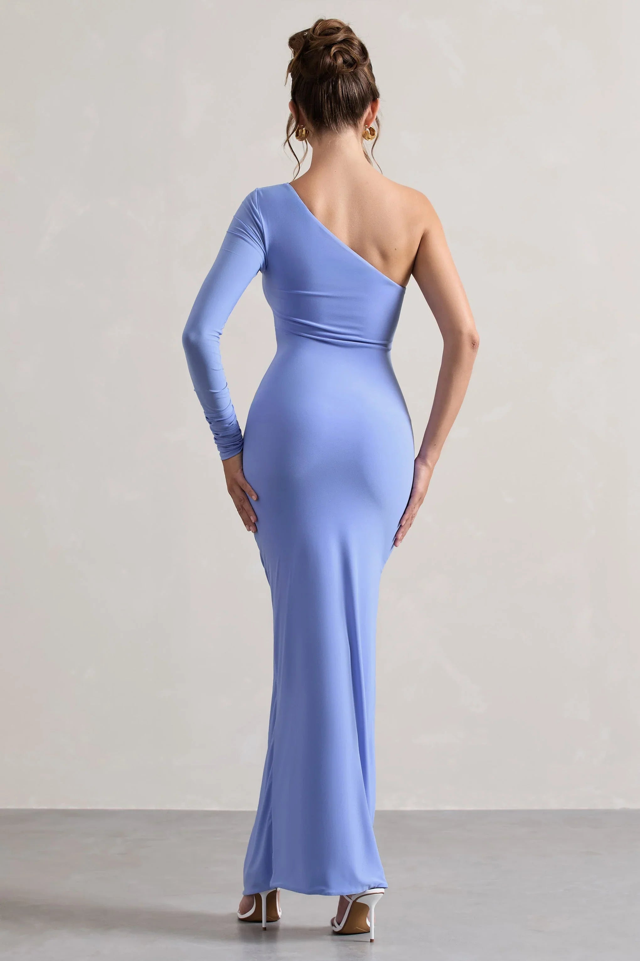 Anima Pale Blue Asymmetric Ruched One Sleeve Maxi Dress