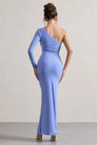 Anima Pale Blue Asymmetric Ruched One Sleeve Maxi Dress
