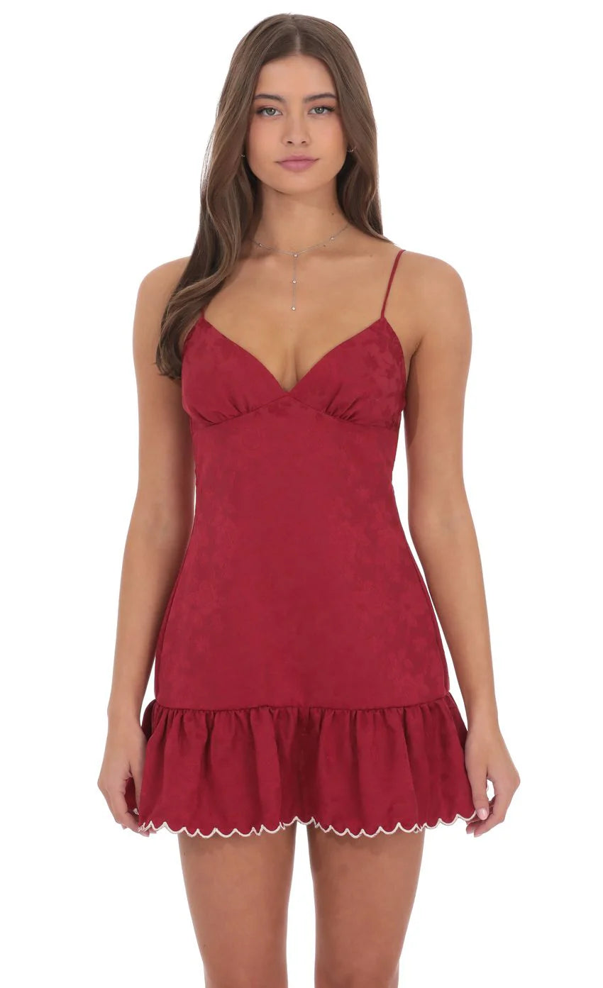Jacquard Scallop Ruffle Dress in Red