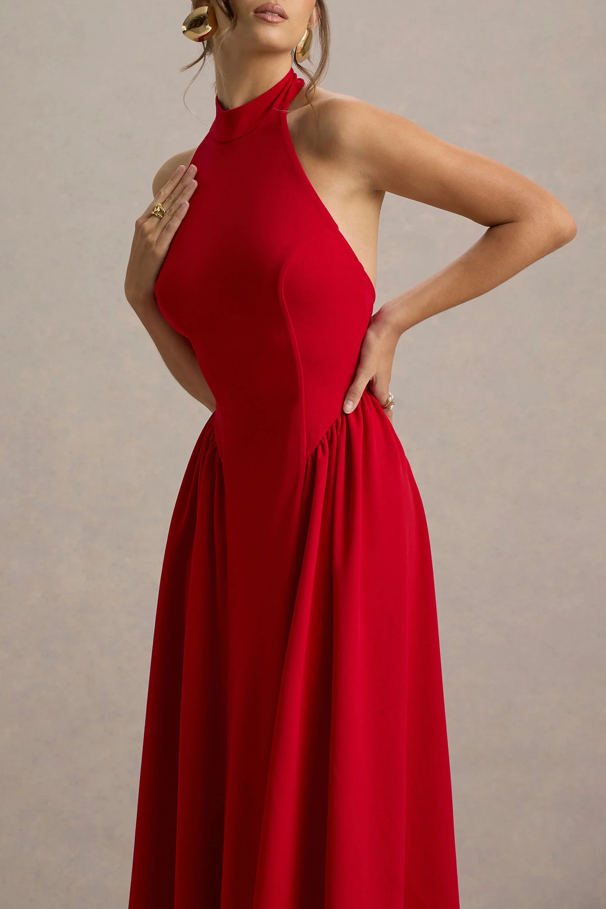 Cynthia Red High Neck Maxi Dress With Volume Skirt