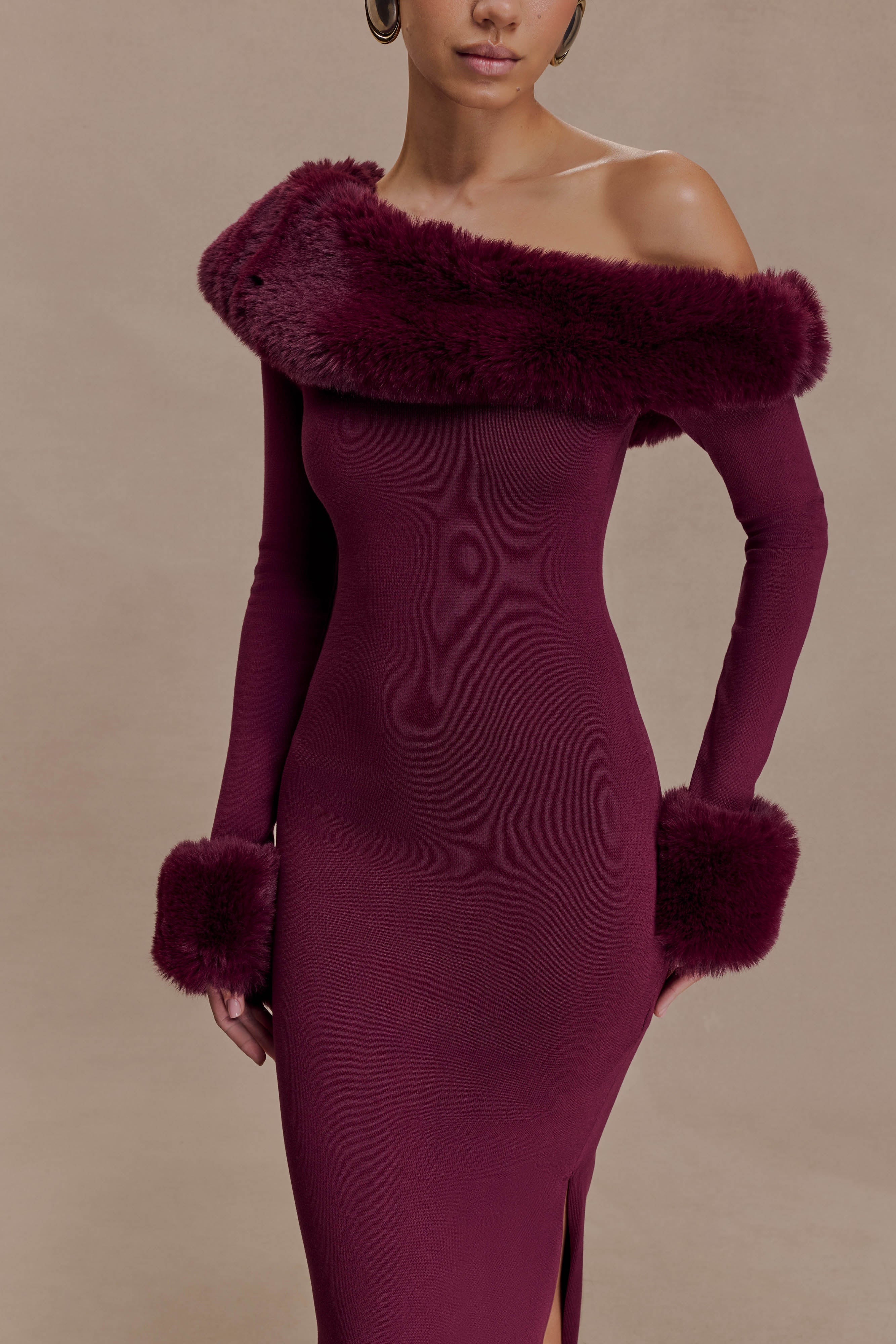 Karleigh Faux Fur Knit Maxi Dress Plum