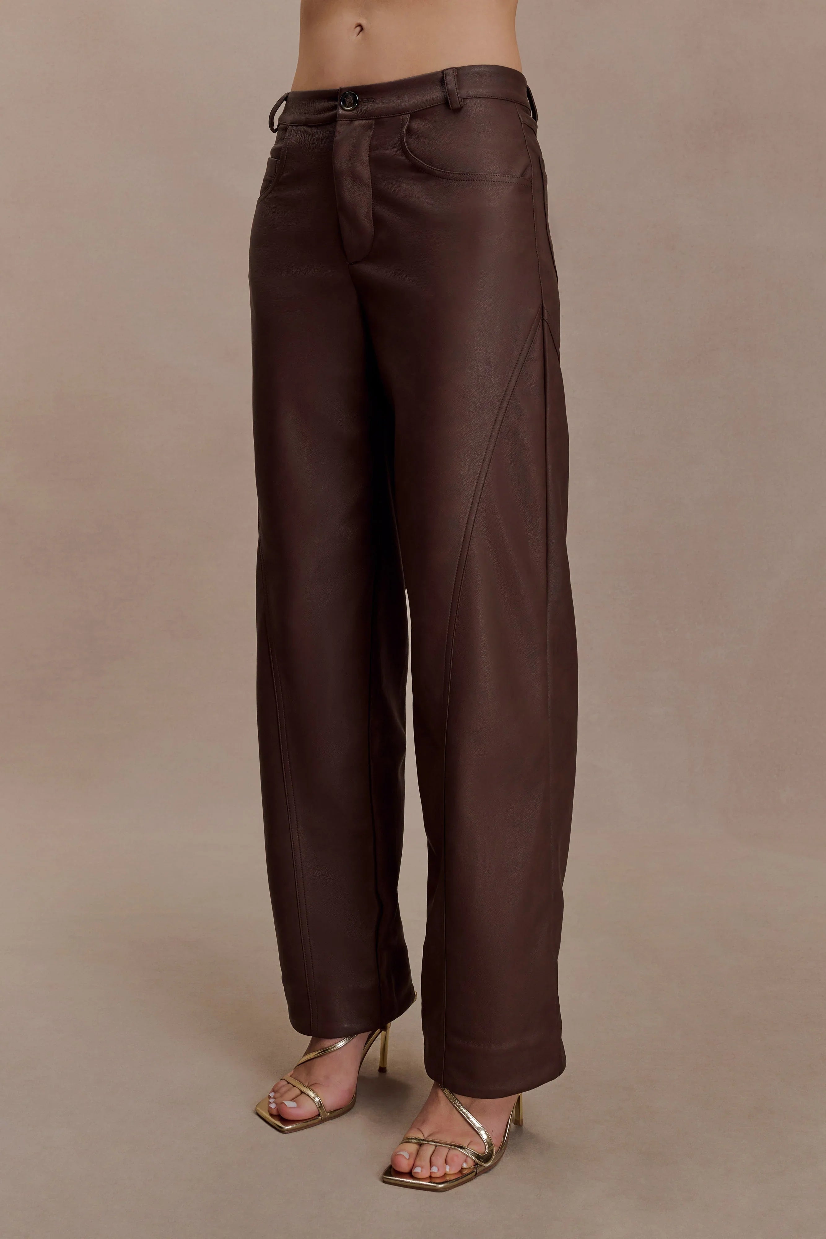 Theo Faux Leather Mid Rise Pants Dark Chocolate
