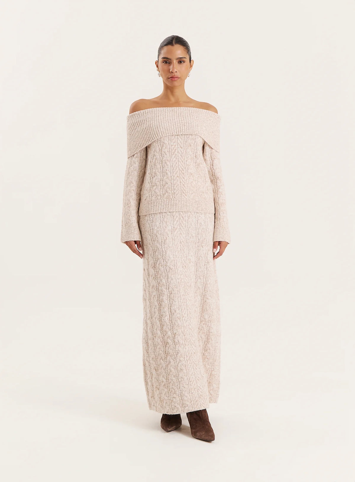 Camel Cable Knitted Maxi Skirt