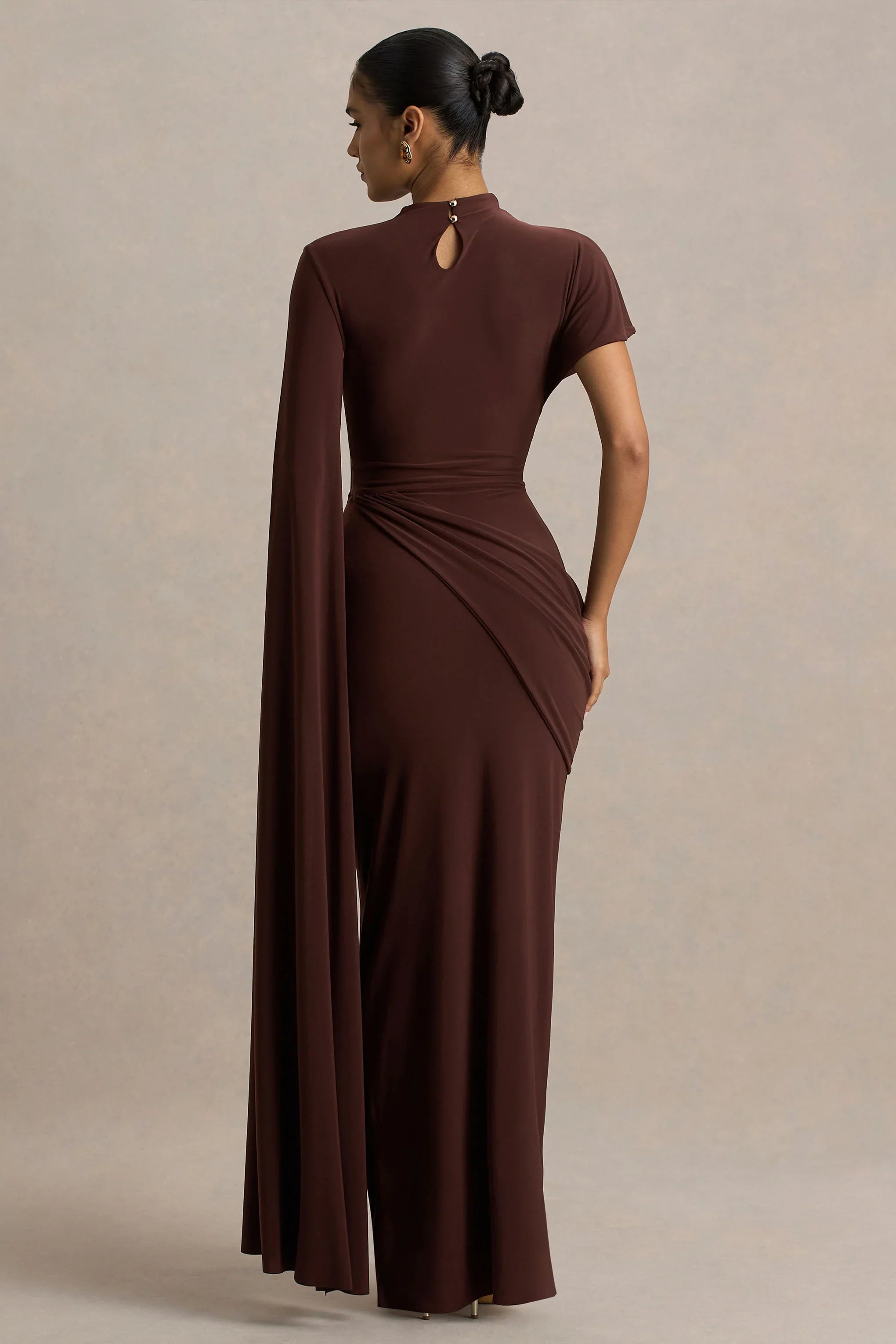 Tropic Brown High Neck Maxi With Long Cape Sleeve