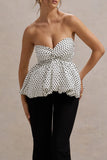 Divina White Black Polka Dot Strapless Ruffled Jumpsuit