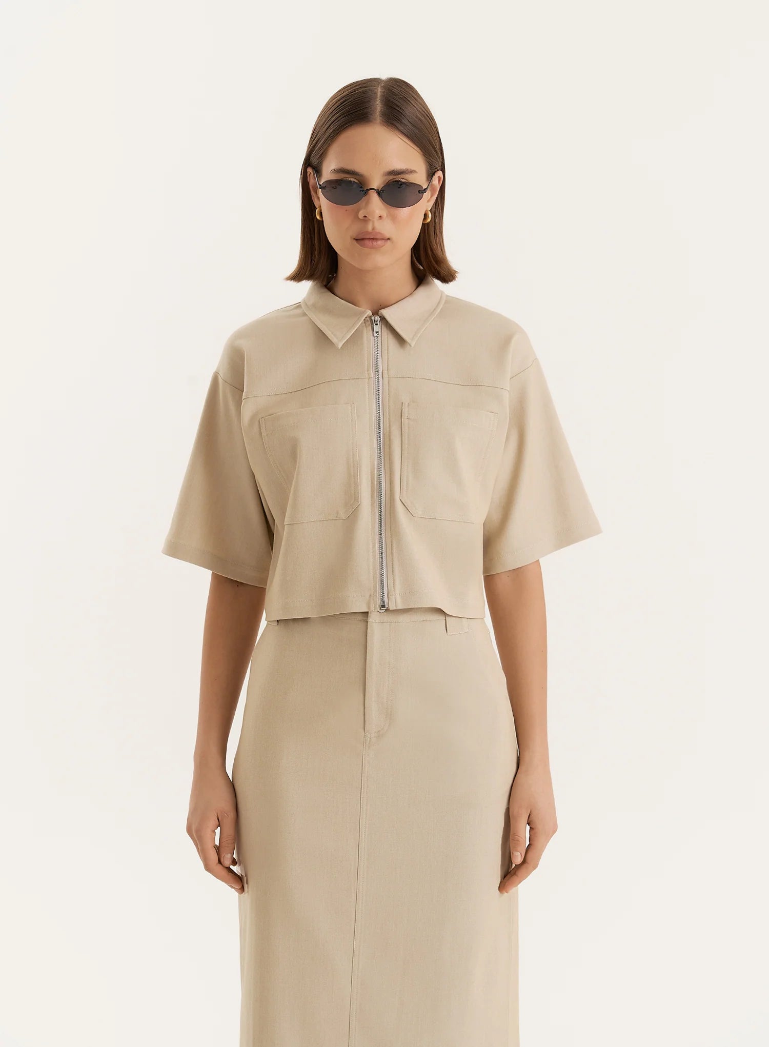 Beige Cropped Tailored Zip Through Shirt