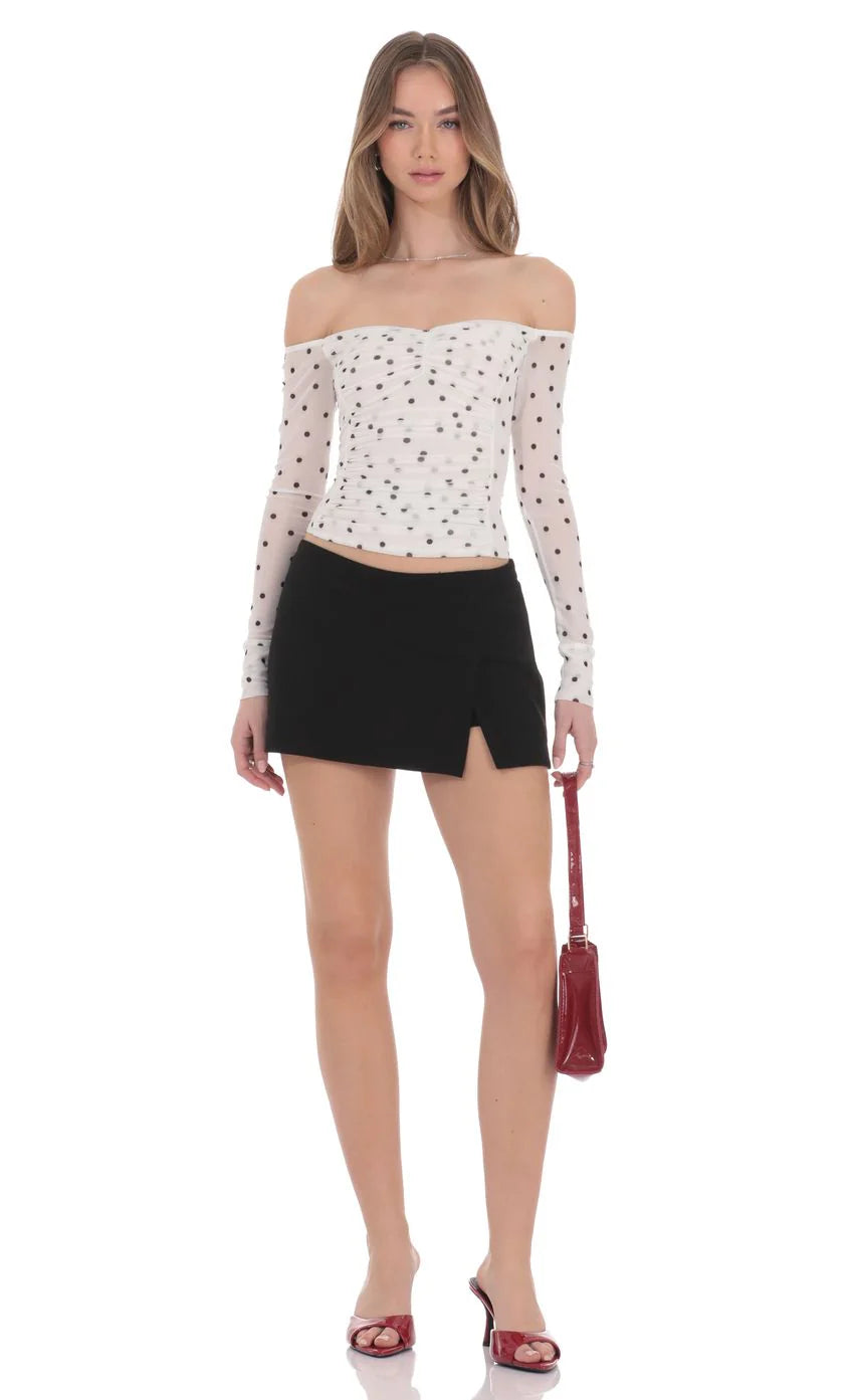 Polka Dot Off Shoulder Ruched Top in White