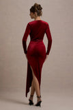 Arcadia Berry Velvet Plunge Neck Wrap Midi Dress